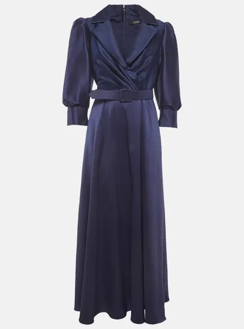 Badgley Mischka Navy Blue Twill Belted Collared Gown M