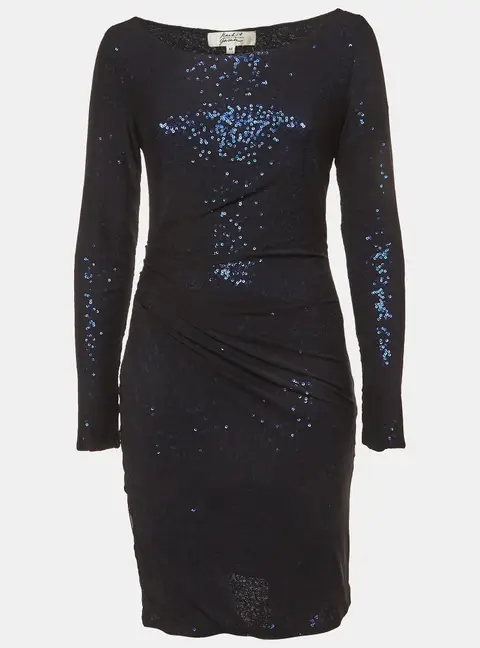 Badgley Mischka Black/Blue Sequin Nylon Ruched Cocktail Dress M