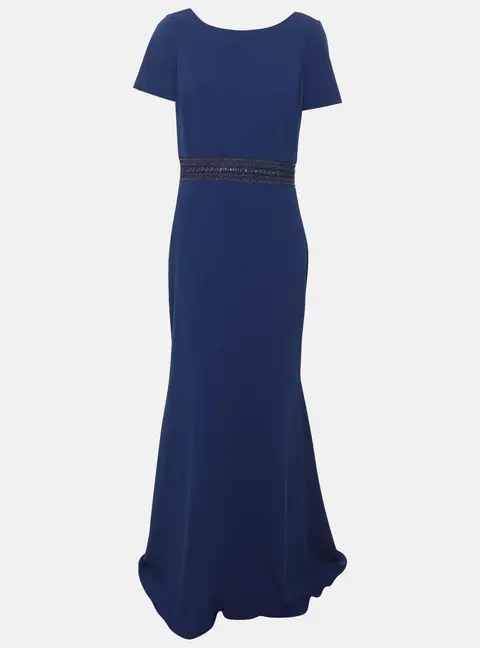 Badgley Mischka Blue Stretch Crepe Rhinestone Embellishment Long Dress S