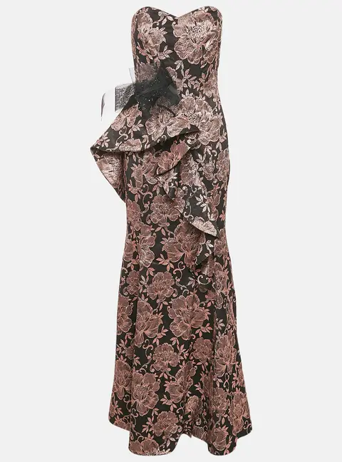 Badgley Mischka Black/Metallic Floral Jacquard Ruffled Strapless Gown M