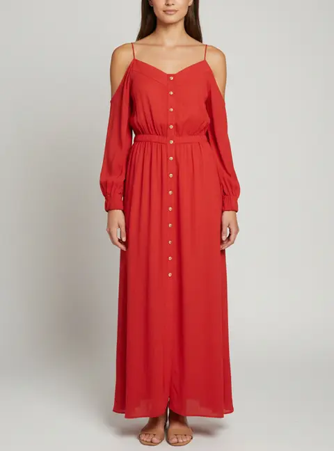 Balmain Red Crinkle Cotton Off Shoulder Maxi Dress L
