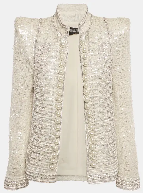 Balmain Off White Tweed Embellished Open Front Jacket M