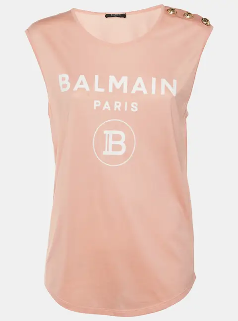 Balmain Peach Logo Applique Cotton Sleeveless T-Shirt M