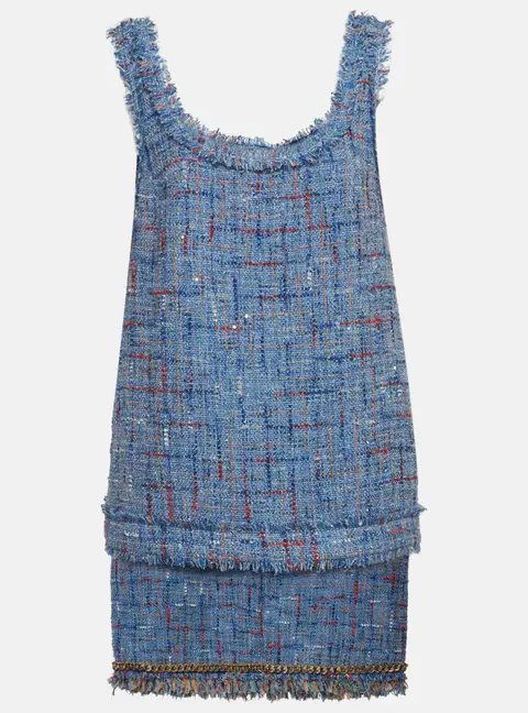 Balmain Blue Tweed and Denim Sleeveless Top & Mini Skirt Suits L
