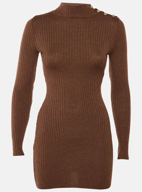 Balmain Brown Merino Wool Knit Bodycon Dress S