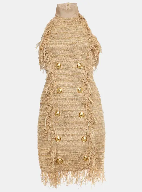 Balmain Beige Tweed Fringed Bodycon Halter Neck Mini Dress S