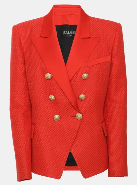 Balmain Red Textured Cotton and Silk Double Breasted Blazer L