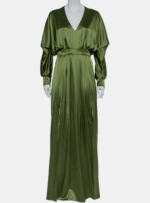 Balmain Green Silk Satin Pleated Front Slit Detail Maxi Dress S