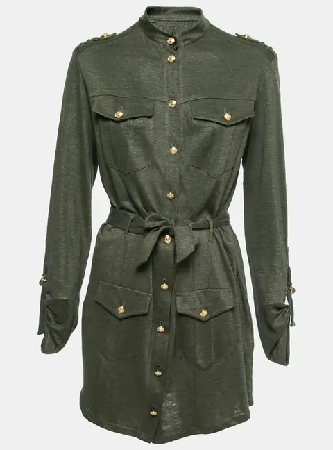 Balmain Kaki Green Knit Button-Embellished Belted Mini Dress M