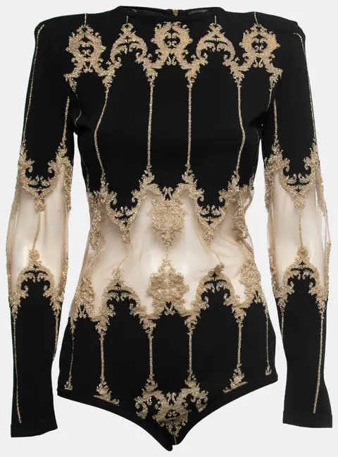 Balmain Black Stretch-Knit Metallic Tulle Paneled Bodysuit L