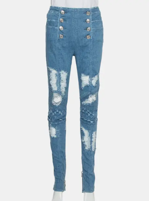 Balmain Blue Denim High Waist Distressed Jeans M