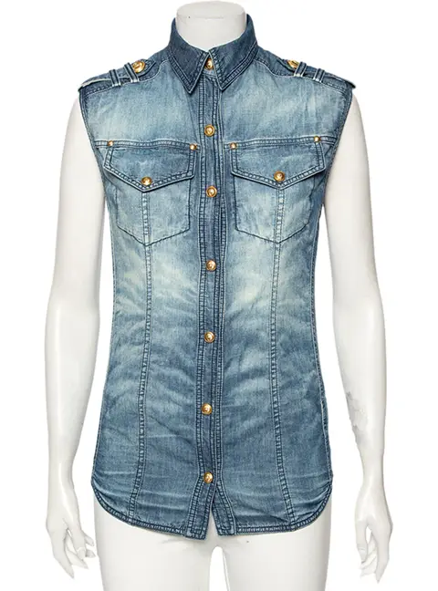 Balmain Blue Faded Effect Denim Pocket Detailed Button Front Sleeveless Shirt S