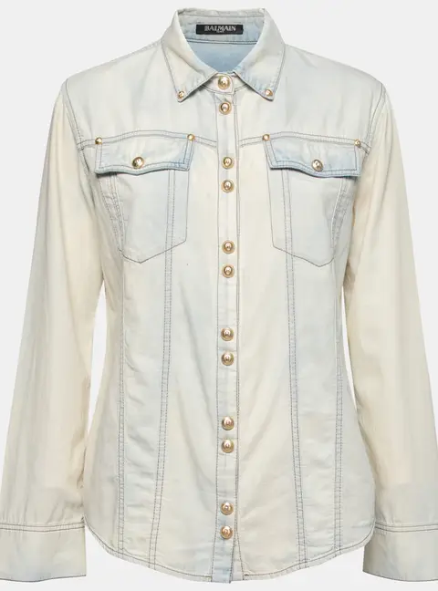 Balmain Bleached Blue Denim Long Sleeve Button Front Shirt M