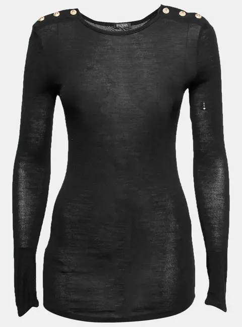 Balmain Black Wool Button Detail Long Sleeve Sweater M