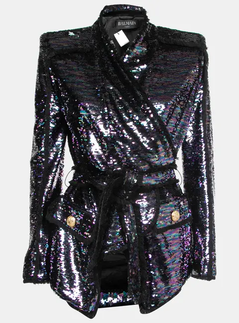 Balmain Purple Sequined Frayed Belted Blazer M