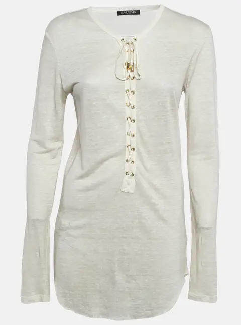 Balmain Off-White Linen Knit Lace-Up Top M