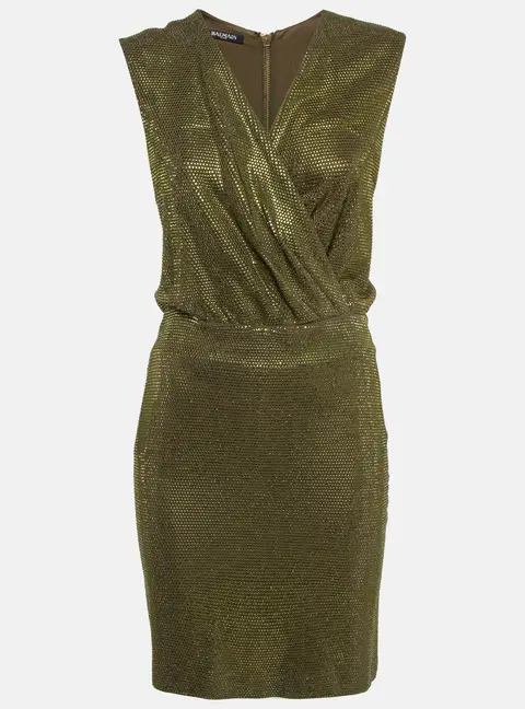 Balmain Green Embellished Jersey V-Neck Sleeveless Dress M