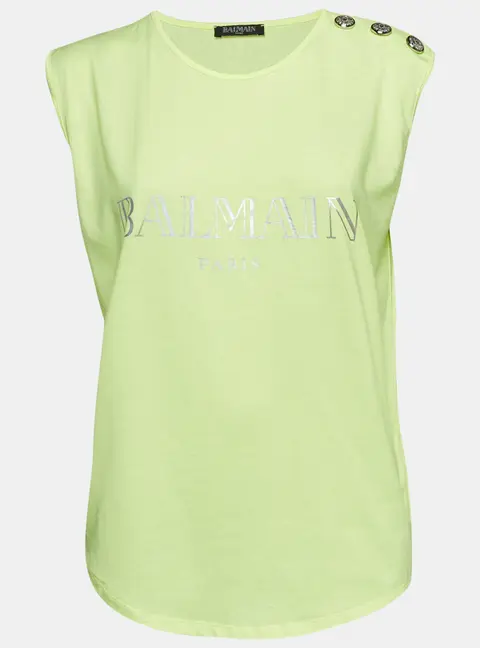 Balmain Fluorescent Green Logo Print Jersey Sleeveless T-Shirt M