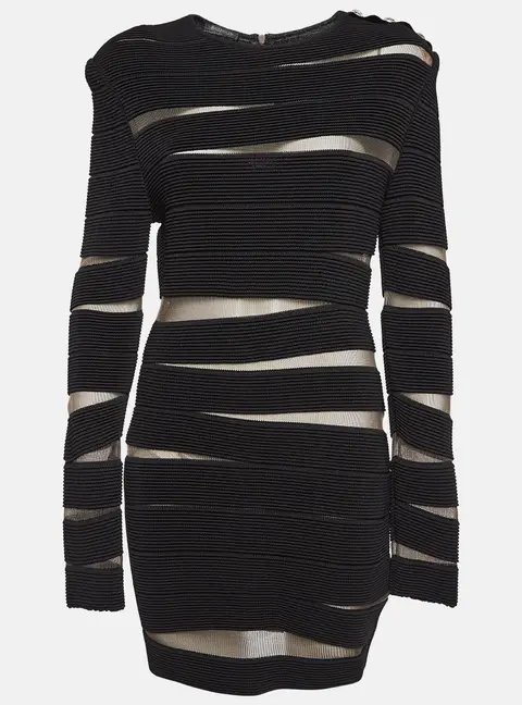 Balmain Black Open Knit Long Sleeve Mini Dress L