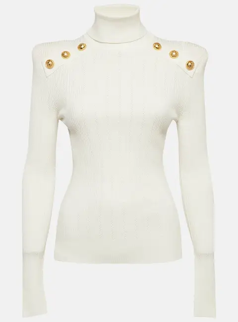 Balmain White Rib Knit Structured Shoulders Turtleneck Sweater M