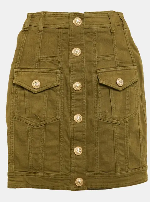 Balmain Olive Green Distressed Denim Accents Mini Skirt S