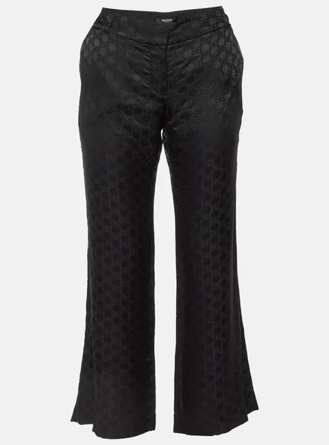 Balmain Black Logo Jacquard Silk Blend Palazzo Pants L