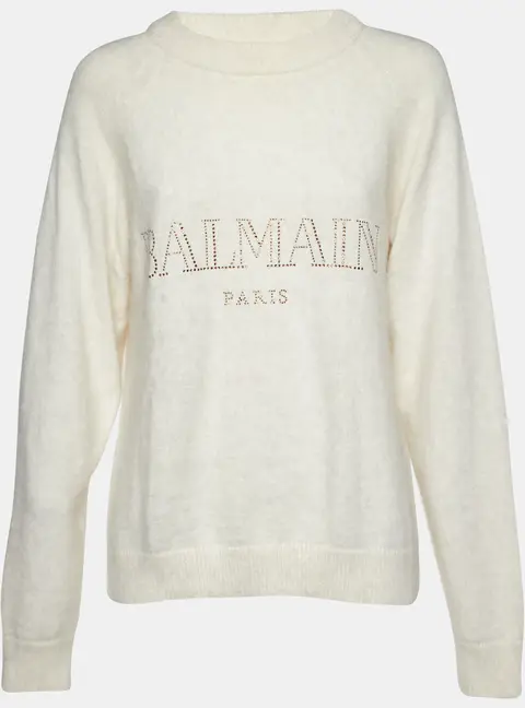 Balmain Cream Crystal Logo Embellished Wool Knit Sweater M