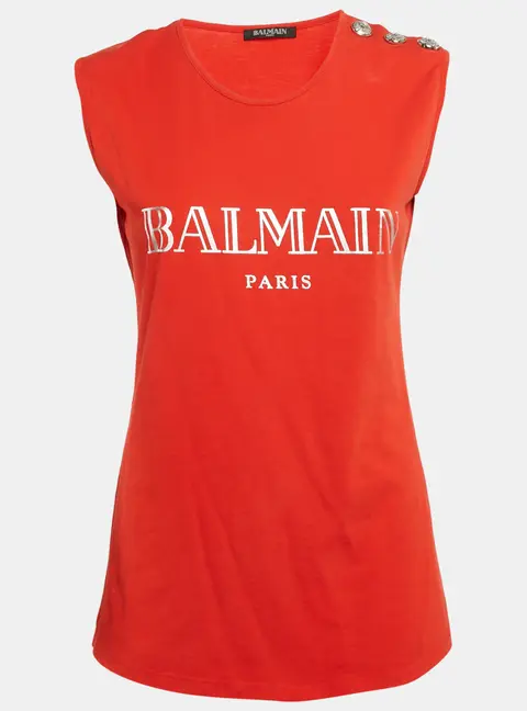 Balmain Orange Logo Print Jersey Button Detail Sleeveless T-Shirt S