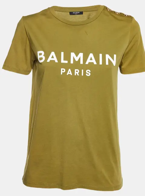 Balmain Green Logo Printed Cotton Buttons Detail Half Sleeve T-Shirt S