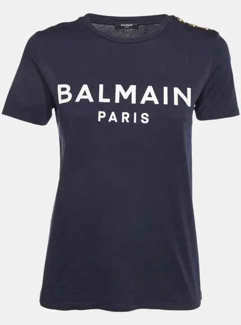 Balmain Blue Logo Printed Cotton Buttons Detail Half Sleeve T-Shirt XS