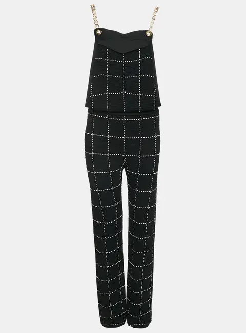 Balmain Black Patterned Knit Chain Strap Detail Jumpsuit M