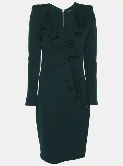 Balmain Green Crepe Ruffle Midi Dress M