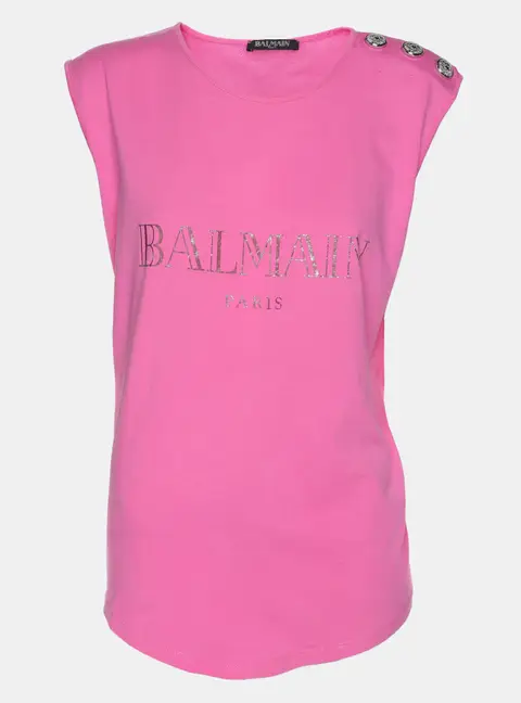 Balmain Pink Logo Print Cotton Knit Button Front Sleeveless Top M