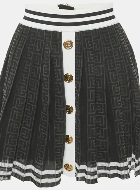 Balmain Black Monogram Mesh Pleated Mini Skirt S
