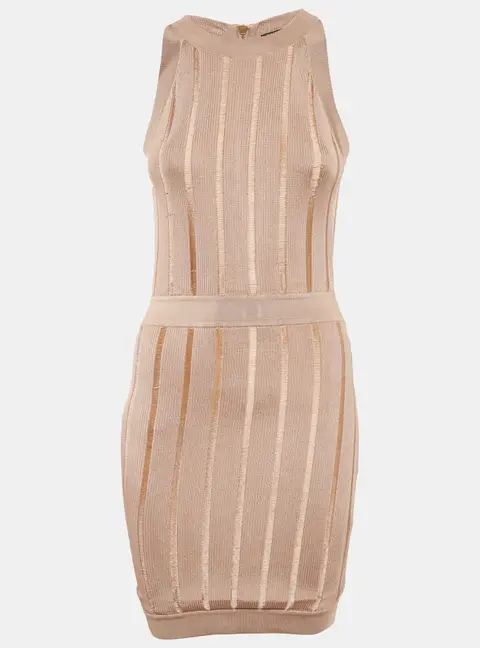 Balmain Dark Beige Stretch Knit Sleeveless Bodycon Mini Dress S