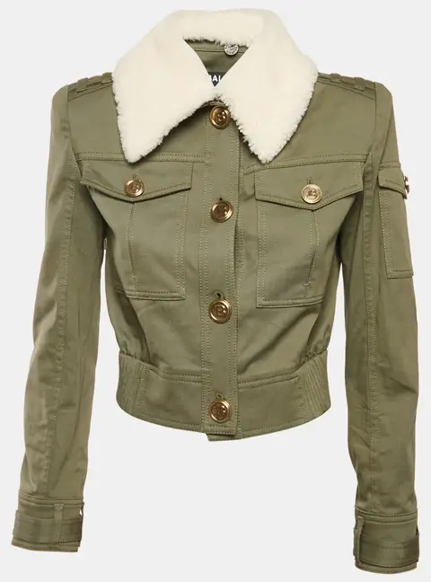 Balmain Green Shearling Collar Gabardine Crop Jacket S