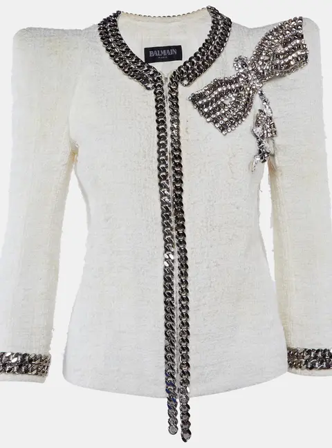 Balmain Ivory Tweed Chain & Bow Embellished Jacket L