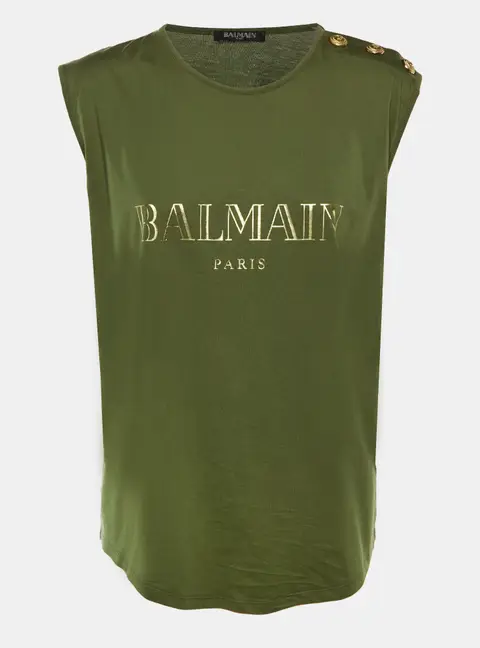 Balmain Olive Green Logo Print Cotton Sleeveless T-Shirt L