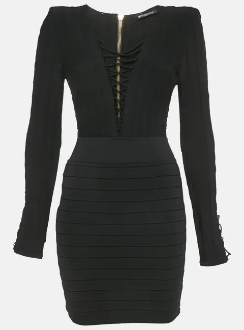 Balmain Black Knit Lace-Up Long Sleeve Mini Dress S