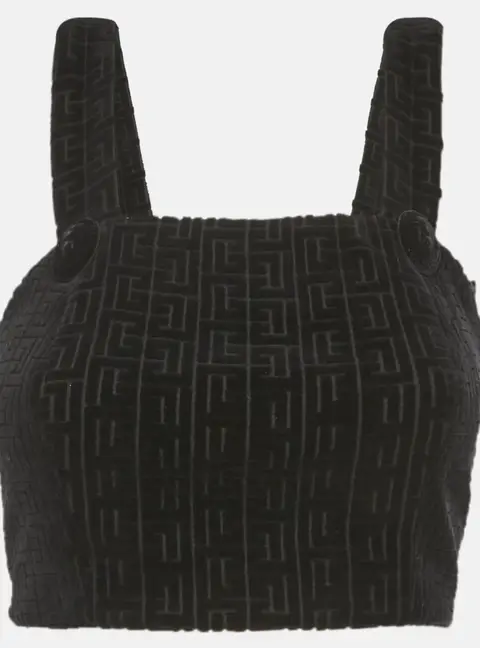 Balmain Black Patterned Velvet Crop Top S