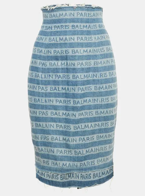 Balmain Blue Striped Logo Raw Edge Denim Skirt S Waist 26"