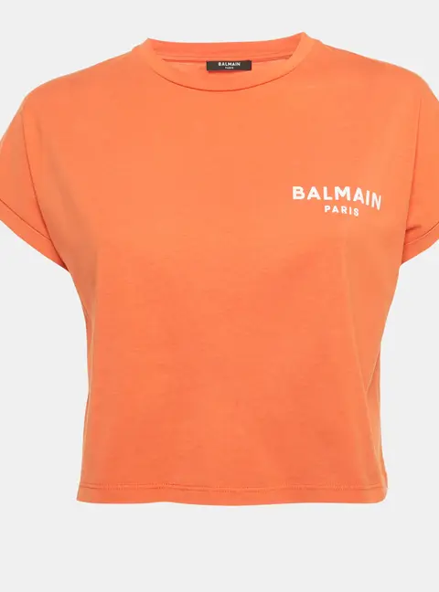 Balmain Orange Logo Printed Cotton Knit Crop Top XS