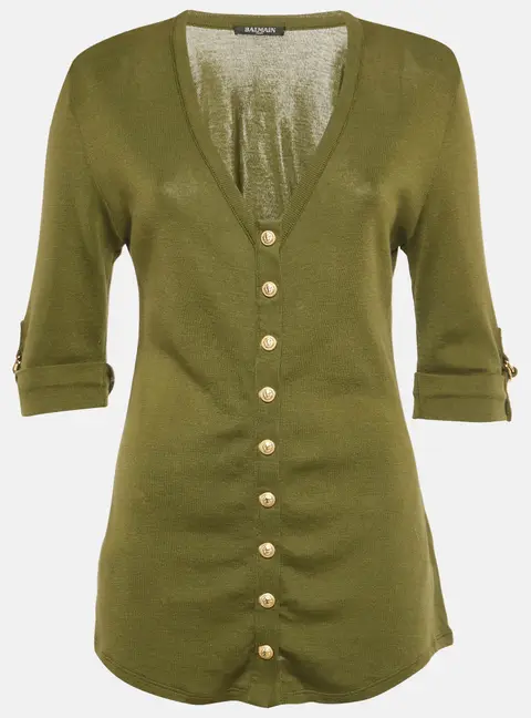 Balmain Olive Green Cotton Knit Top M
