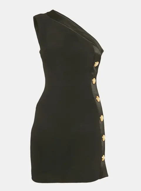 Balmain Black Crepe Button Detail One Shoulder Mini Dress S