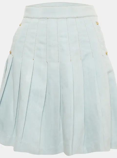 Balmain Blue Denim Pleated Mini Skirt S