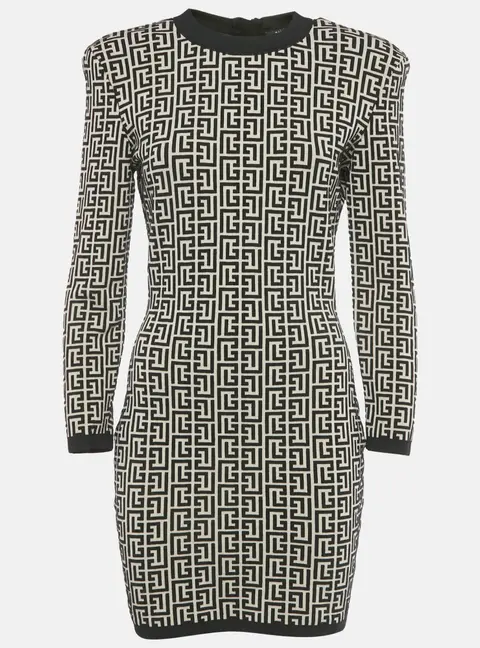 Balmain Beige/Black Monogram Knit Bodycon Dress M