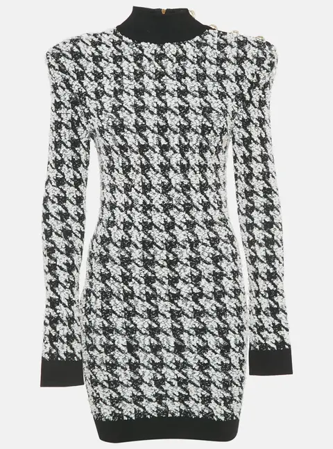 Balmain Black/White Houndstooth Tweed Bodycon Dress S