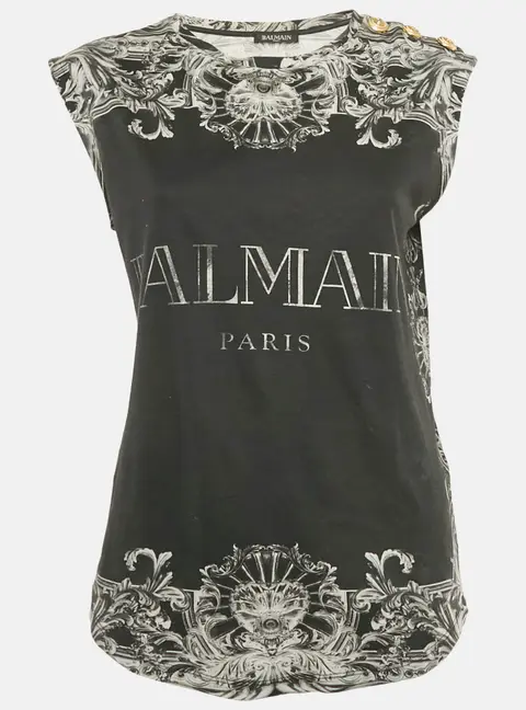Balmain Black Print Cotton Sleeveless Top M