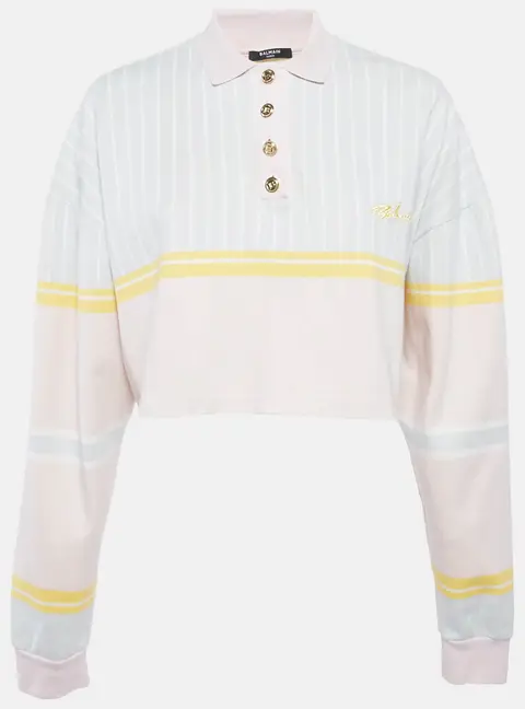 Balmain Multicolor Pastel Striped Cotton Crop Polo T-Shirt S