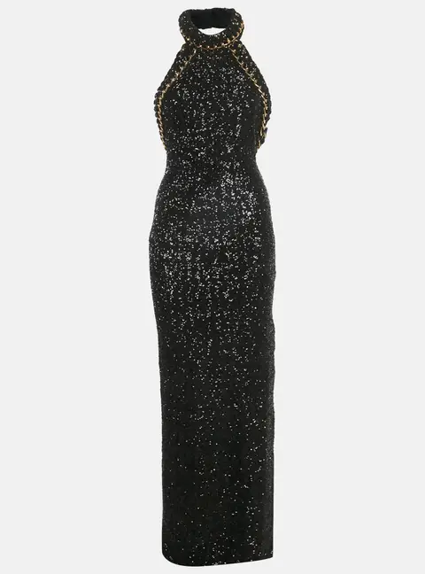 Balmain Black Sequin Chain Detail Halter Neck Maxi Dress M